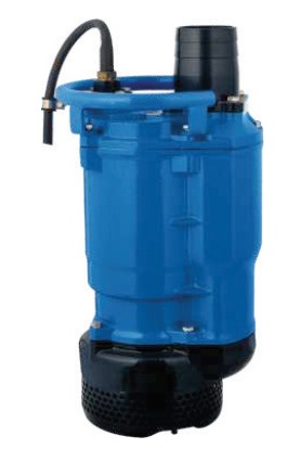 KBZ blue industrial submersible dewatering pump: top outlet, power cable, carry handle, and perforated strainer base on a white background